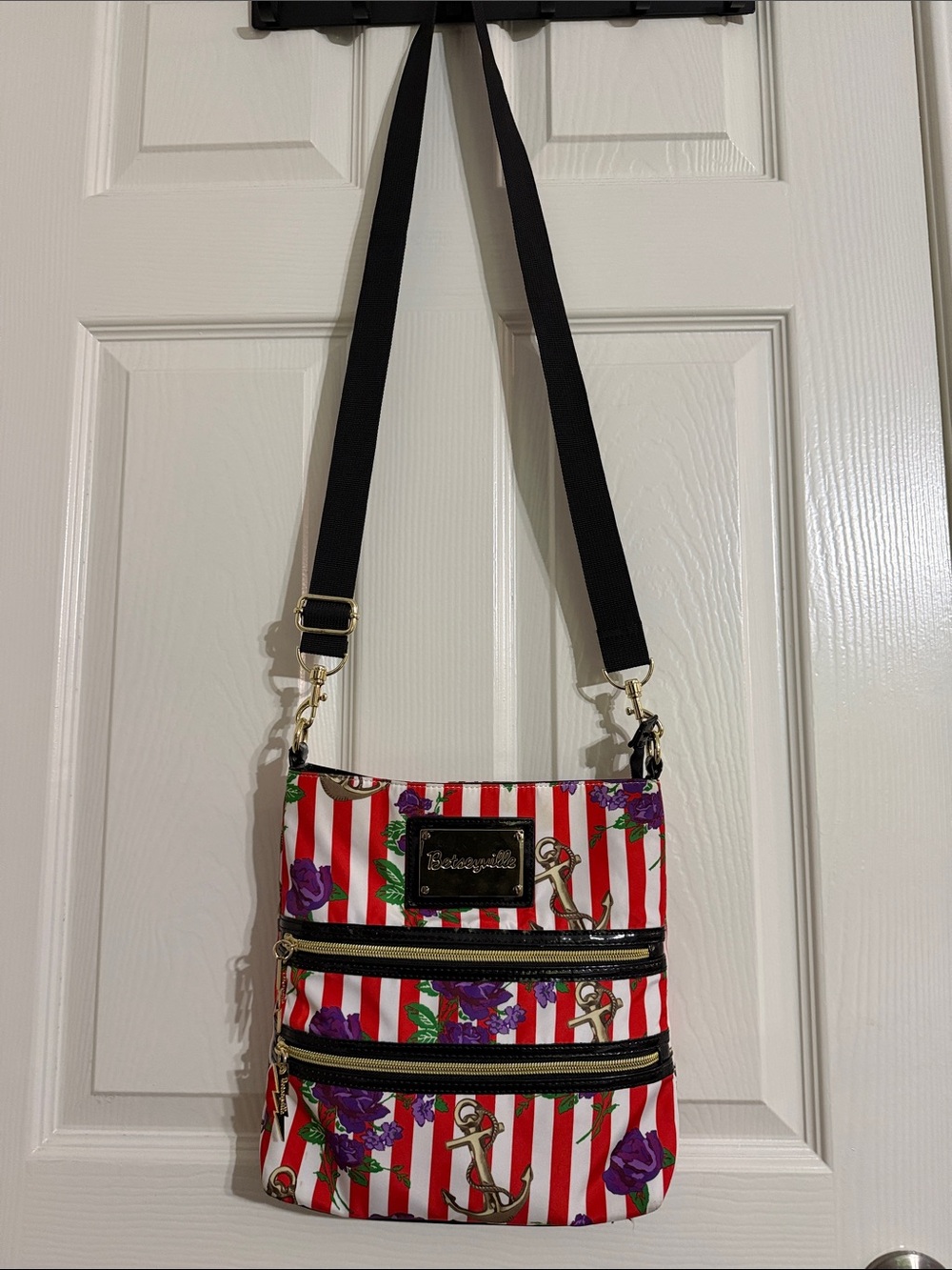 Betsey Johnson Red and White Stripe Floral & Anchor Crossbody Bag